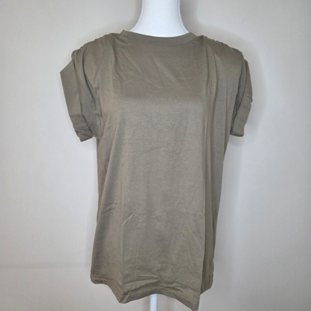NWT SR+ Ronny Kobo Billie Blouse Fatigue Green Shoulder Pad Short Sleeve Tee M/L